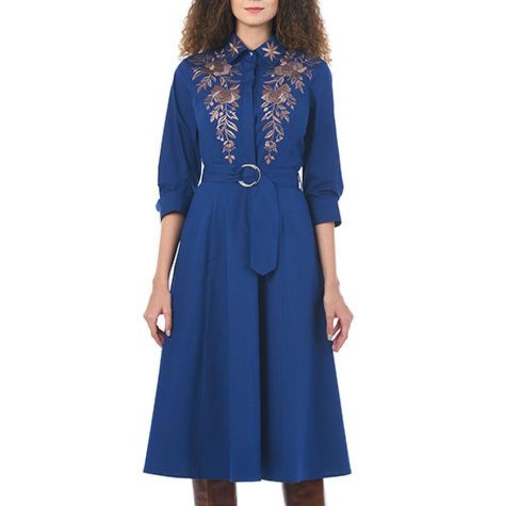 eShakti FLORAL EMBROIDERED POPLIN MIDI SHIRT DRESS
